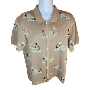 Free Planet Lost in Paradise Men’s Large S/S Button‑Up Sun Bathing Knit Brown